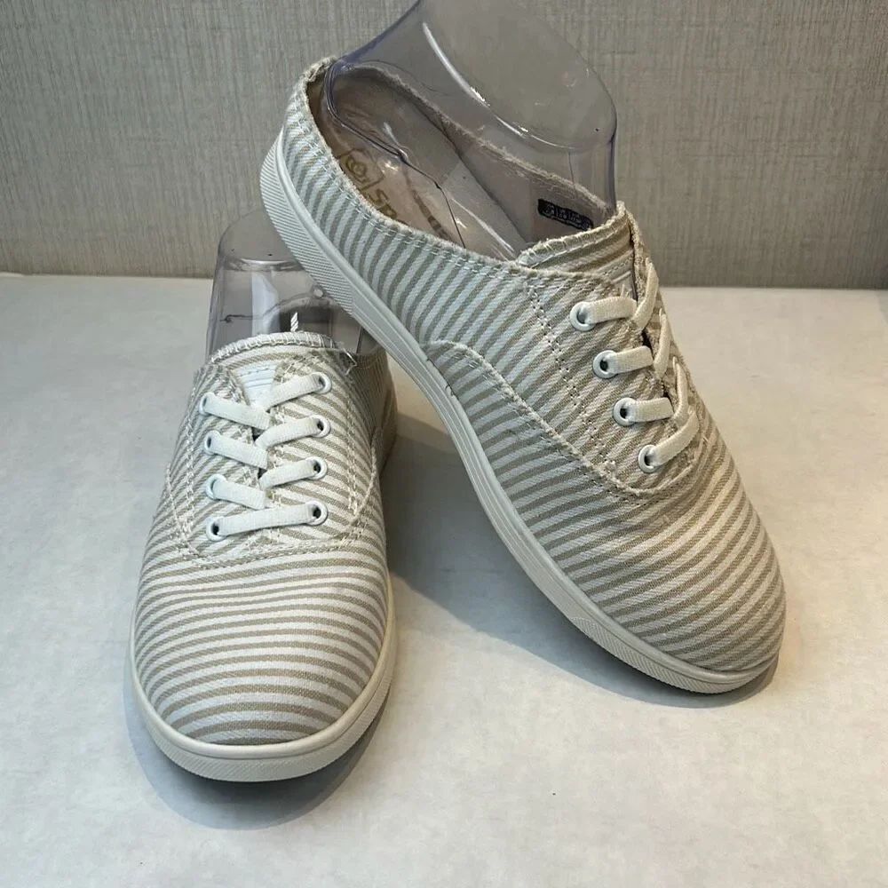 NEW Spenco White Tan Stripe Canvas Slip On Tennis Shoes Womens Sz 7 Orthotic Sne